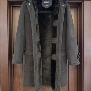 Vintage GUESS Suede Shearling Toggle Duffle Coat Hooded Brown M/L